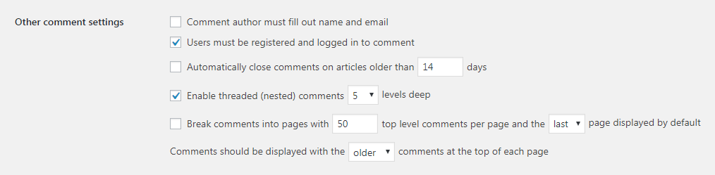 „WordPress“ skiltyje Kiti komentarų nustatymai.