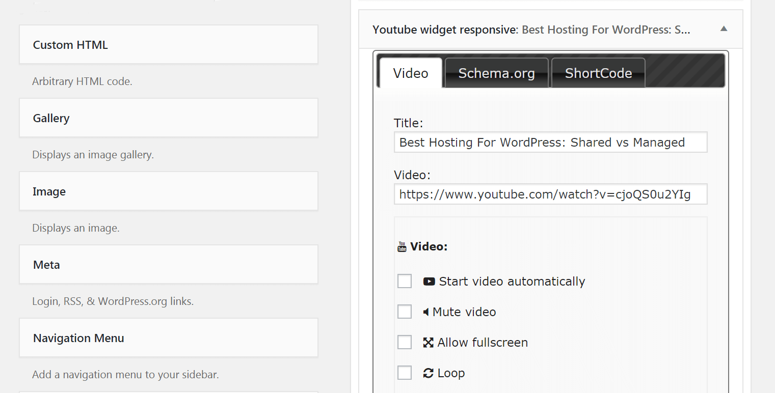 Pengaturan untuk widget YouTube Anda.